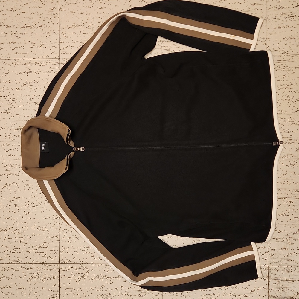 Hugo Boss Black, Brown & White Knit Full Zip Sleeve Stripe Collar Sweater